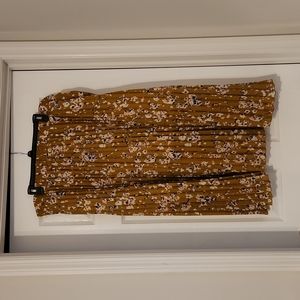 Long Pleated Floral Mustard Skirt